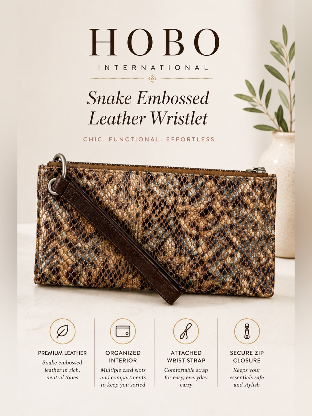 Hobo International Snake Embossed Leather Wristlet Clutch Wallet